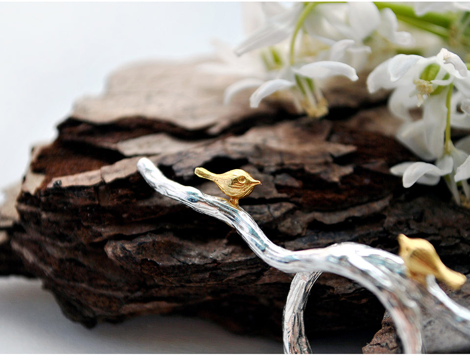 sterling silver bird on a branch ring